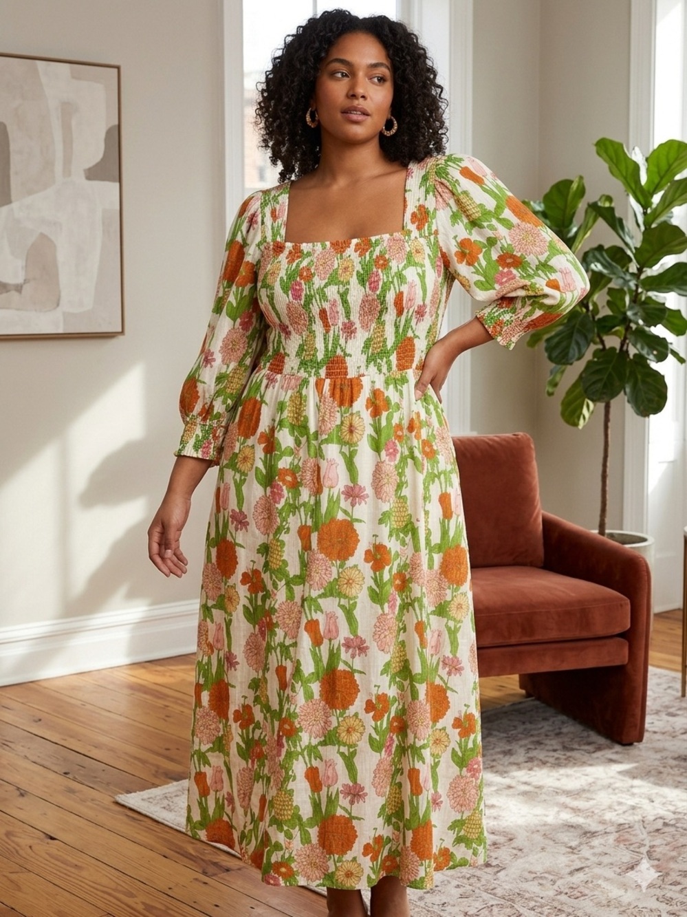 Olivia James The Label Floral Smocked Midi Sundress Pink XL 100% Cotton